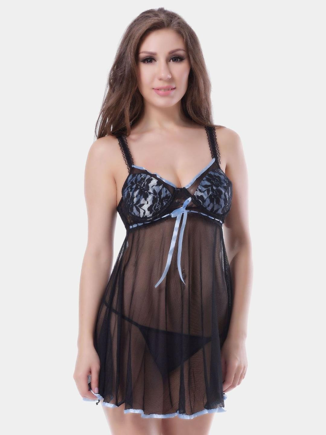 Elegant Black Babydoll Dress with Lace Cups and Satin Bow