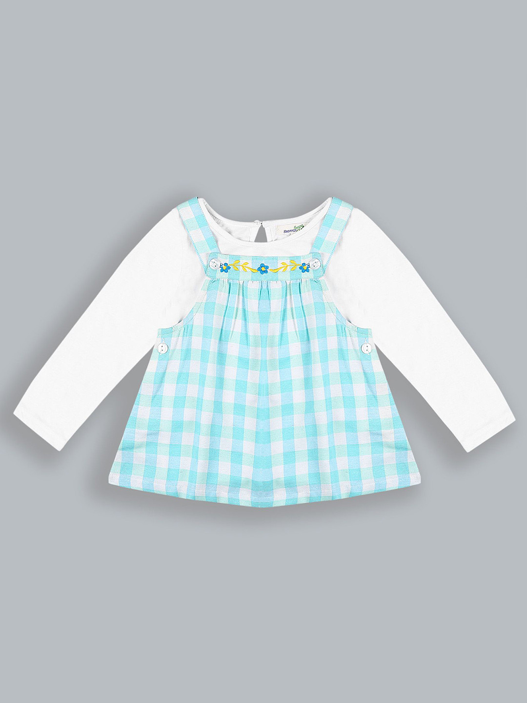 Shoppertree Girl Sea Green Checkered Full-Sleeve Dungaree