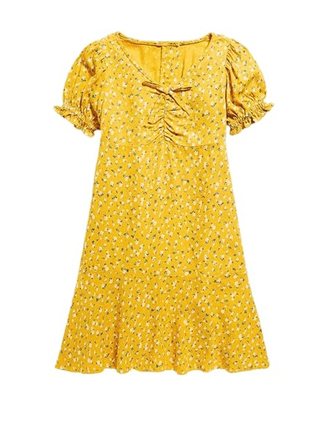 Trooking Fashions Girls Yellow Fit And Flare Round Neck Puff Sleeves Crepe Dress