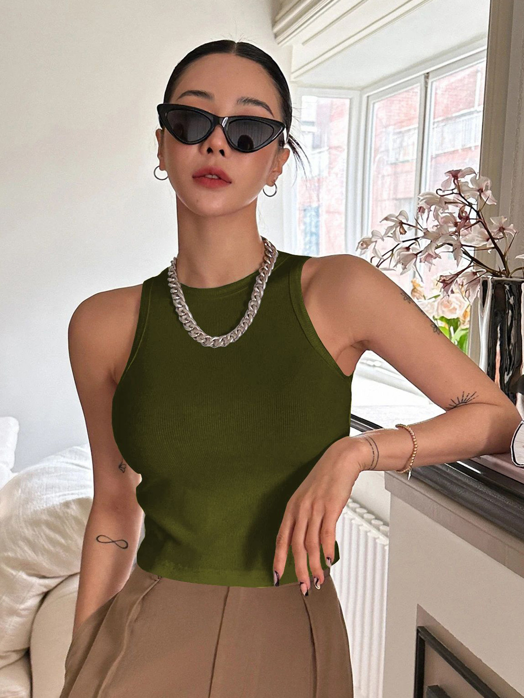 Solid Round Neck Ribbed Sleeveless Tank Crop Top