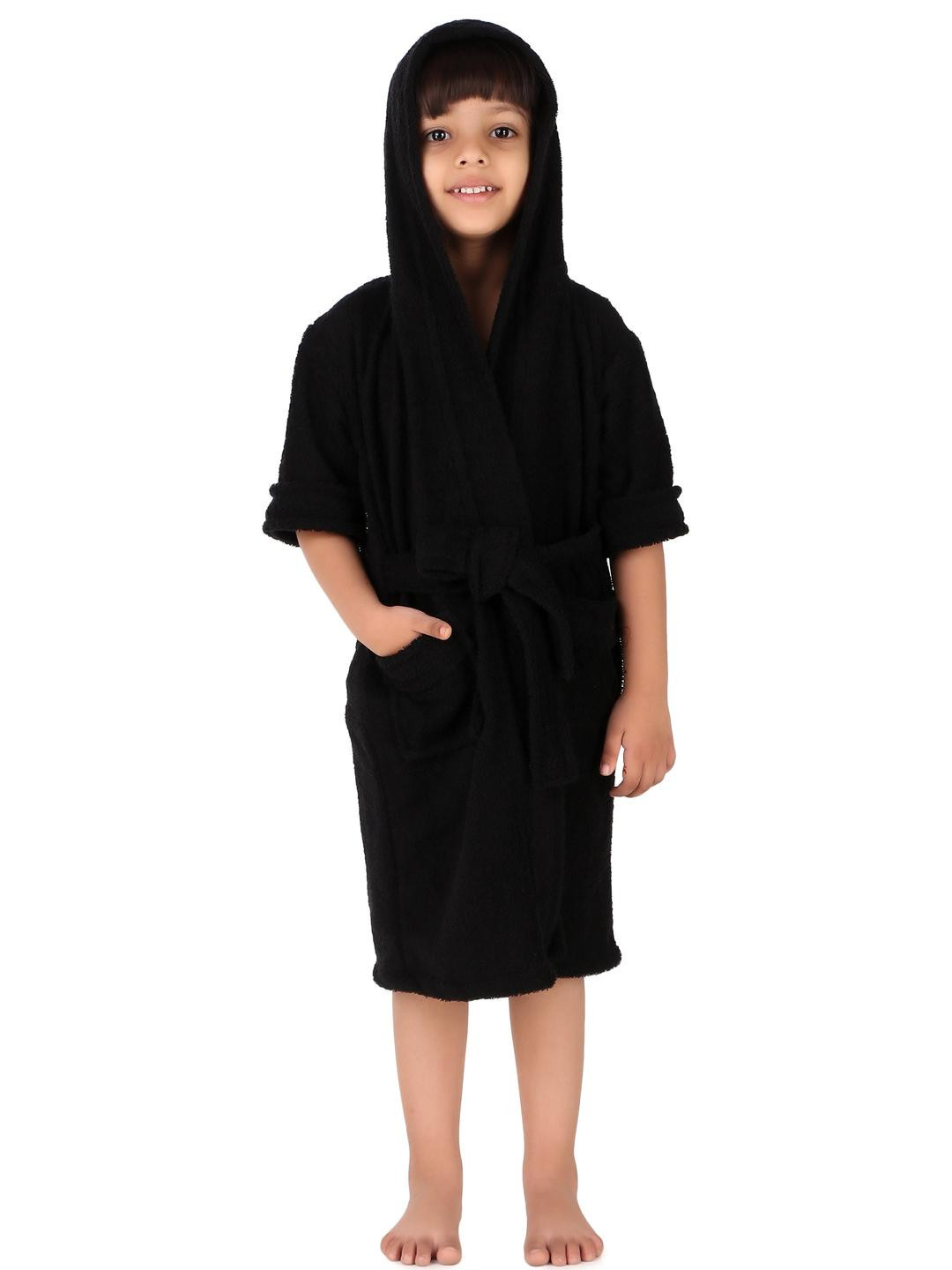 COMFORTLOOMS Unisex Black Casual Cotton Knee Length Bath Robe
