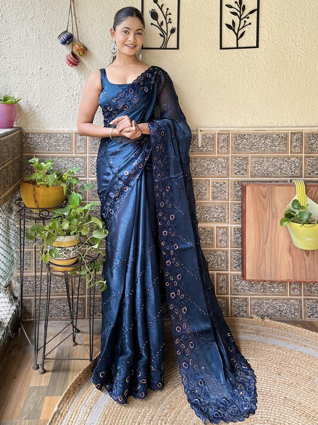 KALINI Teal Burberry Embroidery Work Saree With Unstitched Blouse Piece