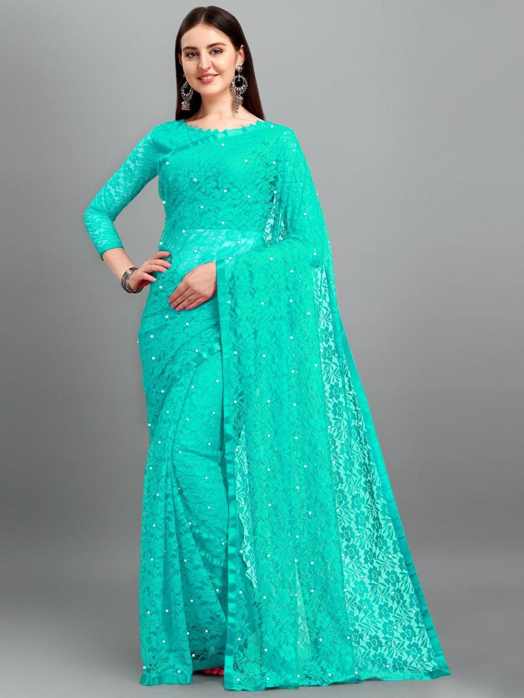 LOROFY Embroidered Bead Work Net Saree with Unstitched Blouse