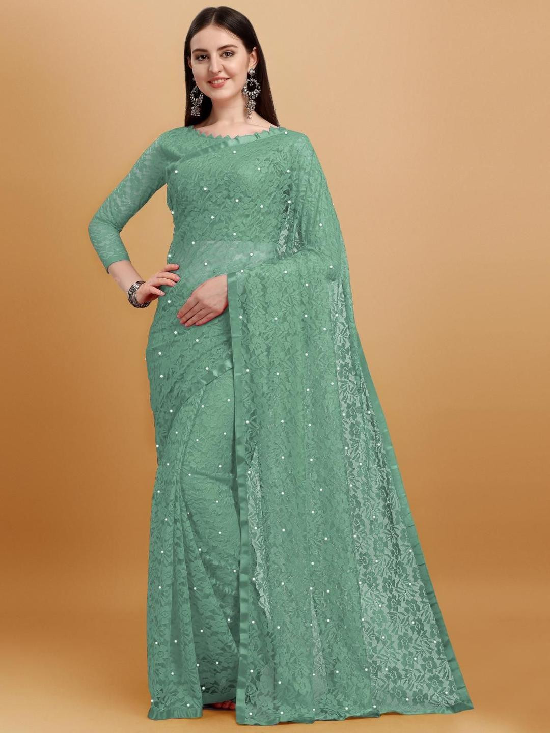 LOROFY Women Floral Embroidered Net Brasso Saree