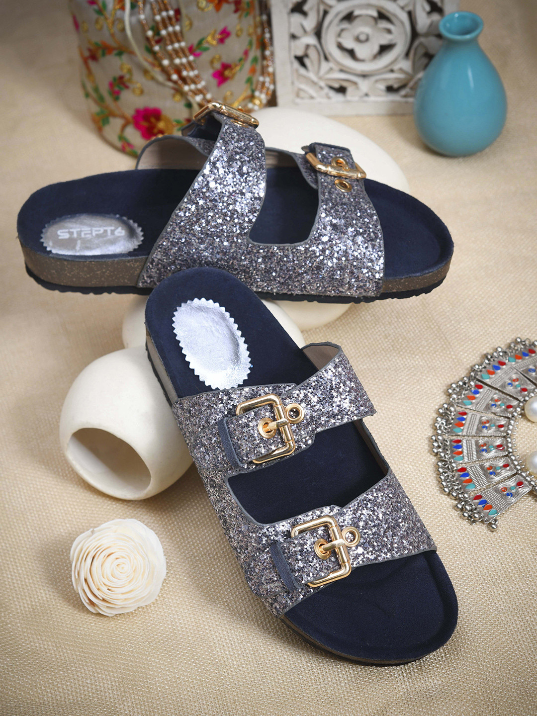 STEPT6 Women Sparkle Embellished Open Toe Slides