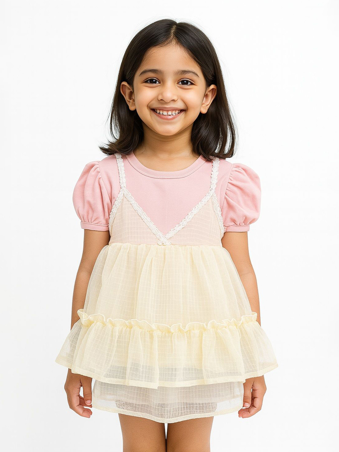 POP STREET KIDS Girls Puff Sleeve Ruffled Fit & Flare Dress