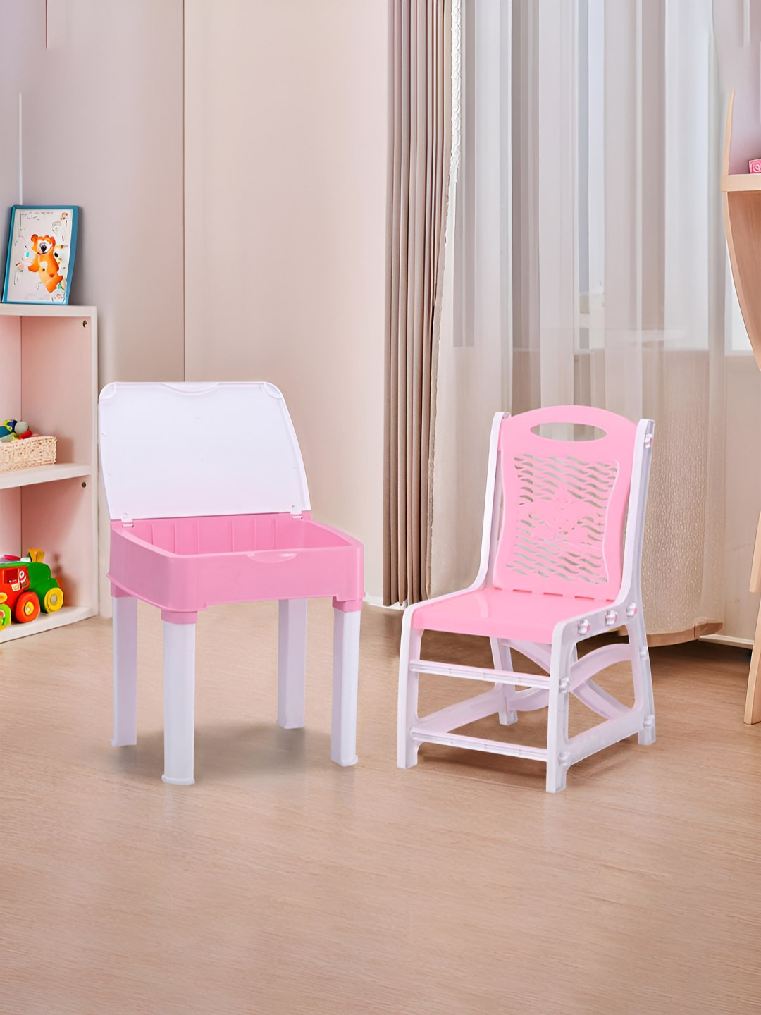 Myntra Elegant Homes White & Pink Textured Collapsible Study Table& Chair Set With Storage