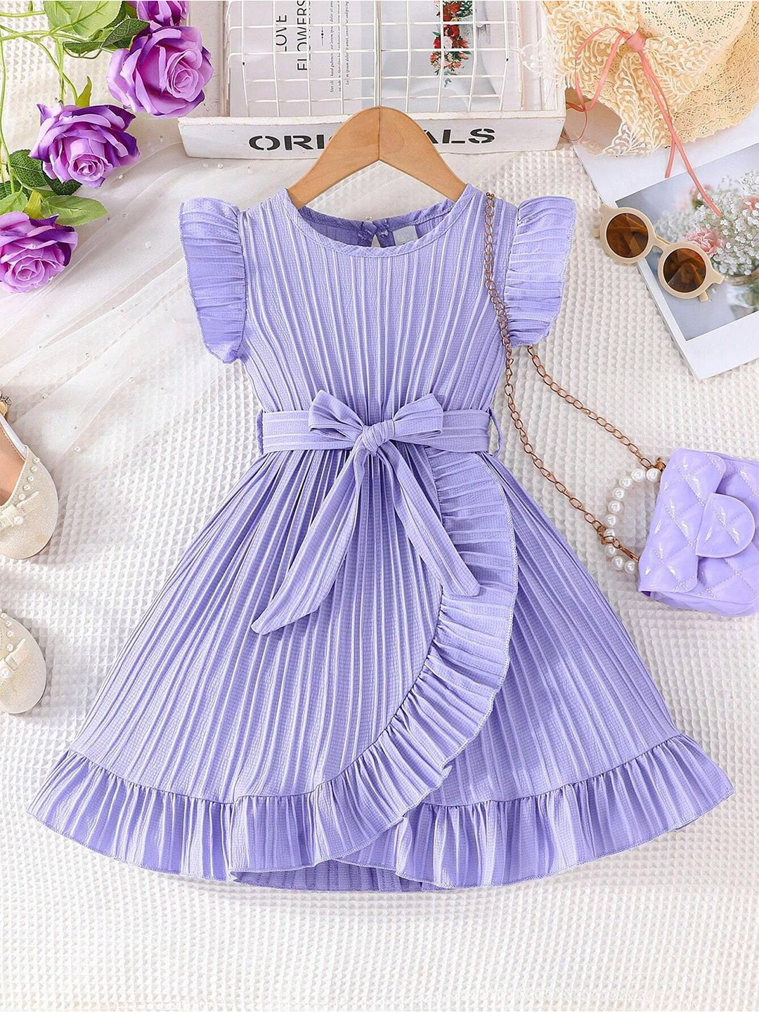 BAESD Girls Round Neck Ruffle Bow Detail Flutter Sleeve Fit and Flare Dress