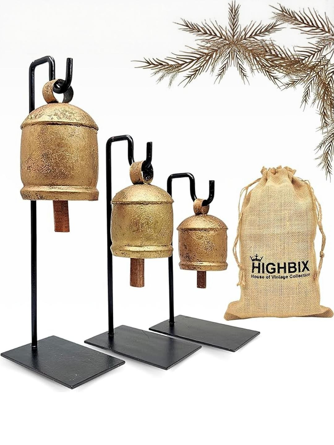 Vintage-Style Rustic Handmade Christmas Jingle Cowbells with Metal Stand Set of 3 Farmhouse