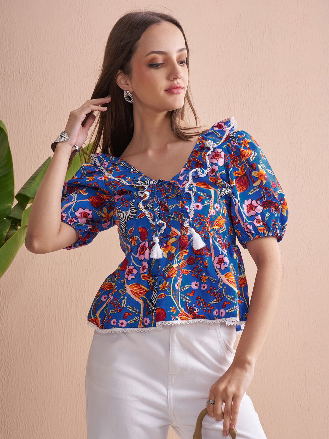 Vishudh Women Floral Printed Rufflesd Lace Puff Sleeve Cotton Top