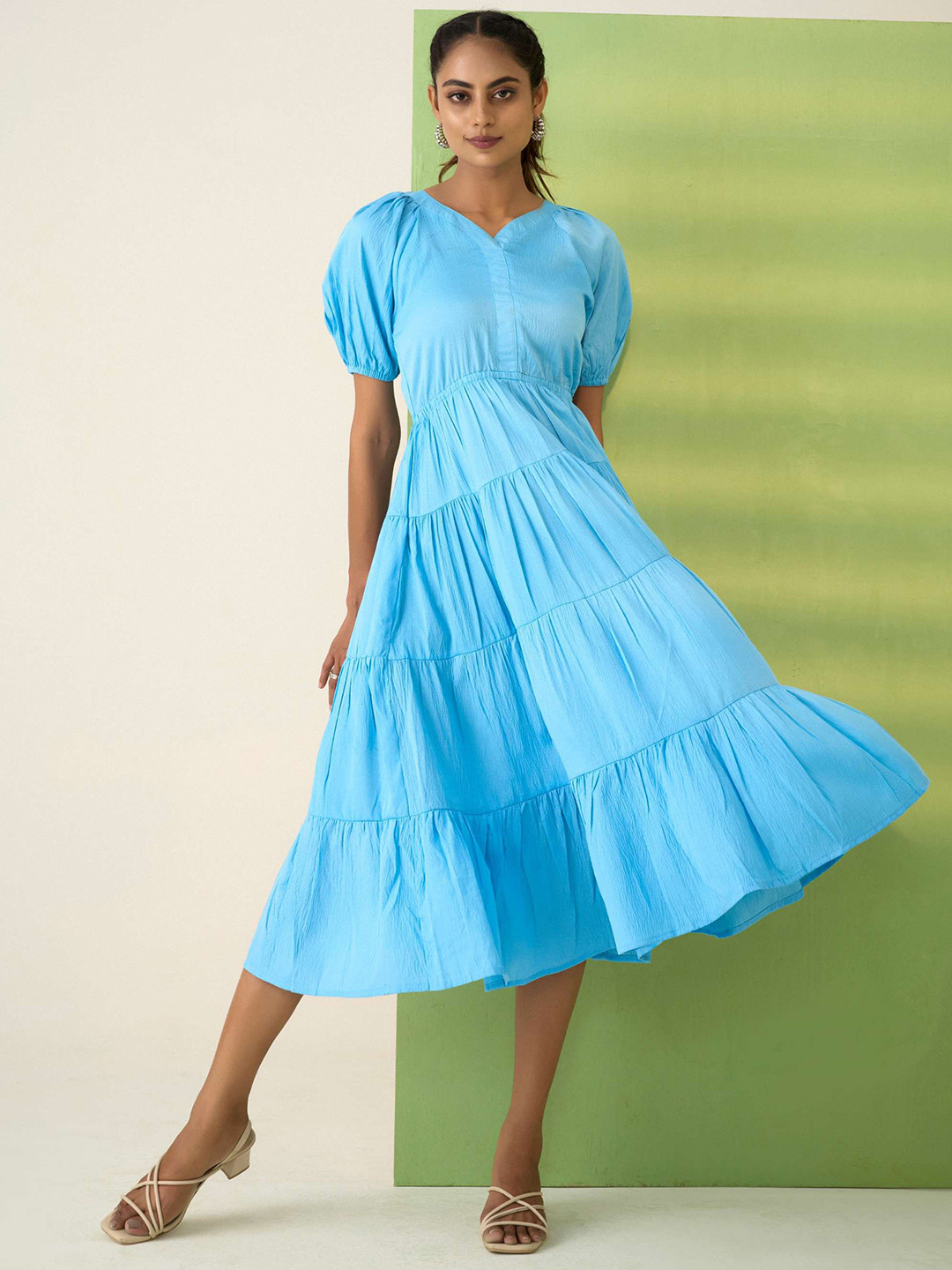 R.Code by The Roadster Life Co. Women Smocked Tiered Puff Sleeve Fit & Flare Midi Dress