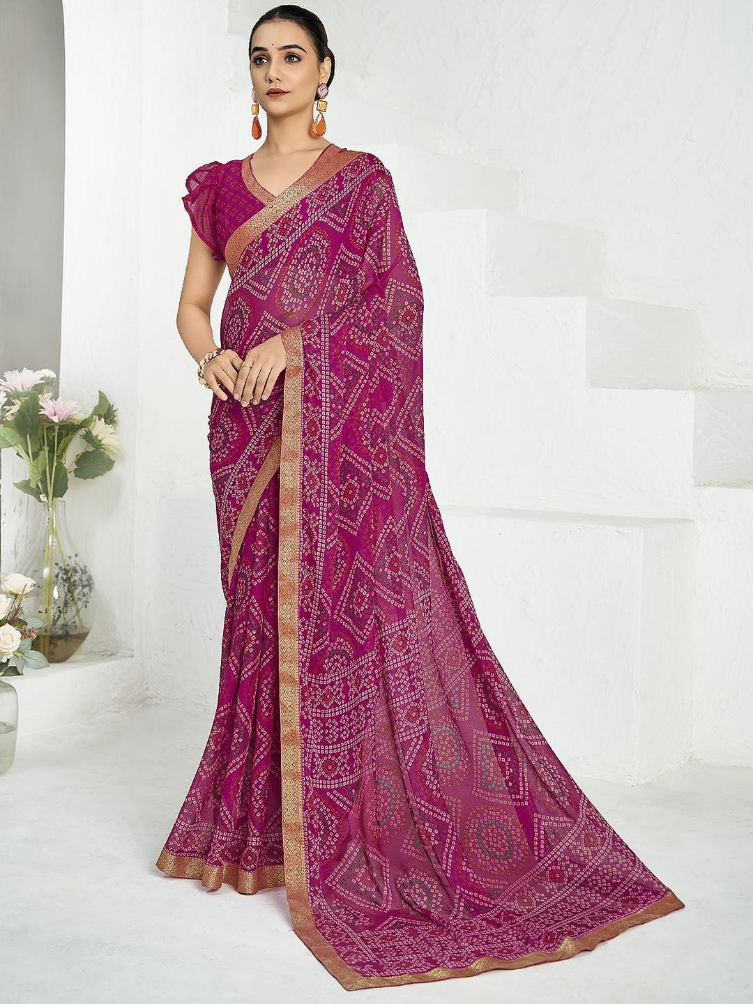 KALINI Bandhani Saree With Attached Lace And Matching Blouse Piece