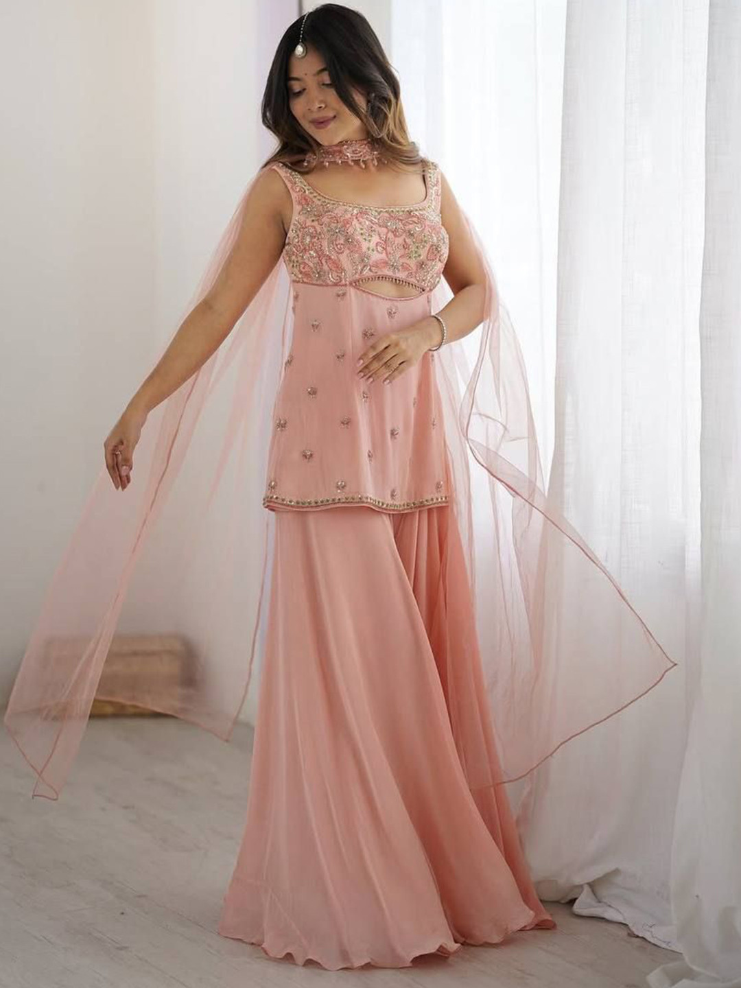 MARQUISA Floral Embroidered Beads & Stones Georgette Kurta With Palazzos & Dupatta