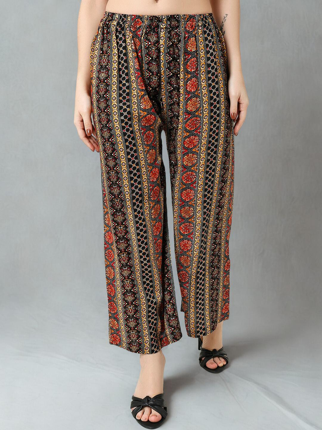 Mytrendzs Women Black & Multicolor Ethnic Printed Rayon Palazzo