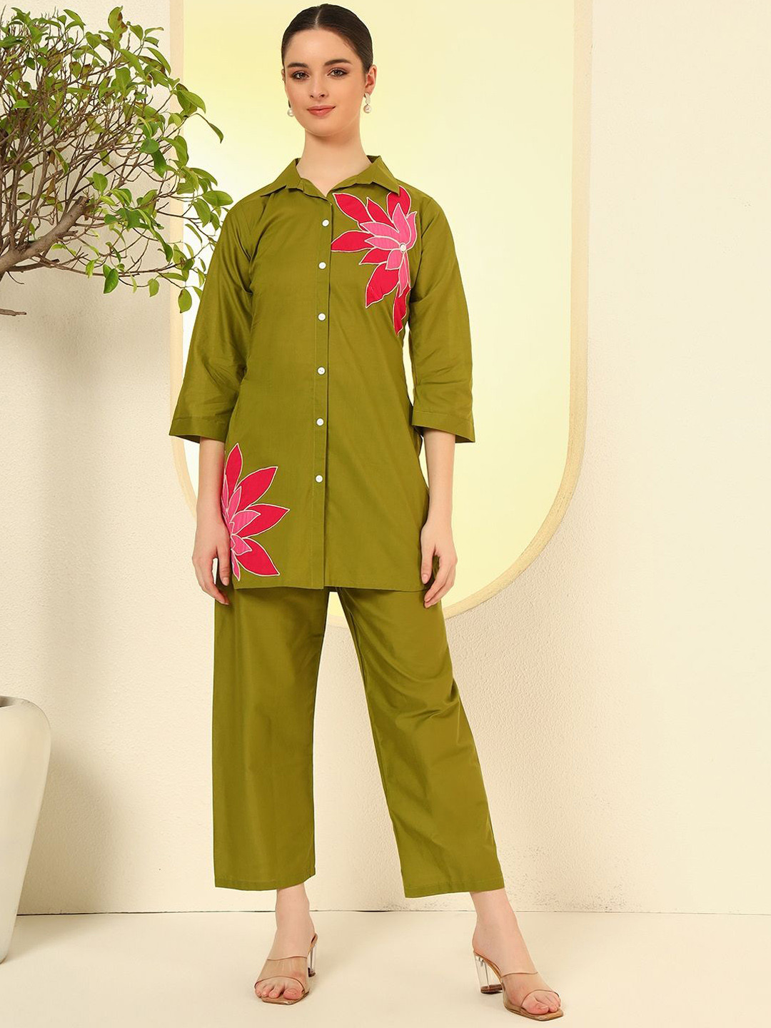 KALINI Floral Printed Collar Shirt with Trousers Co-Ords