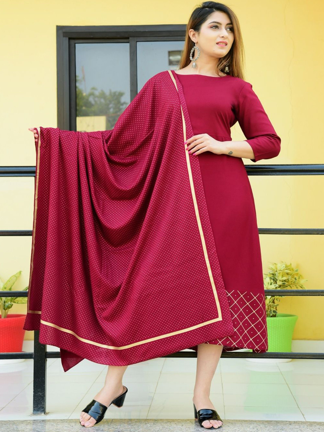 SIPET Printed A-Line Midi Dress With Dupatta