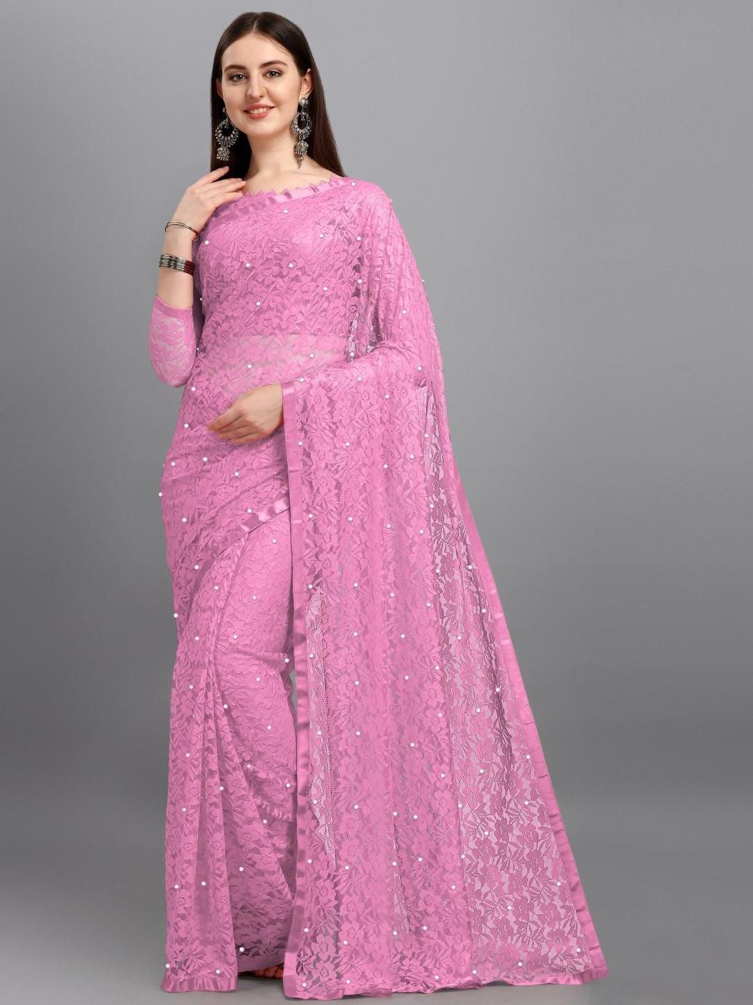 LOROFY Floral Beads and Stones Net Saree