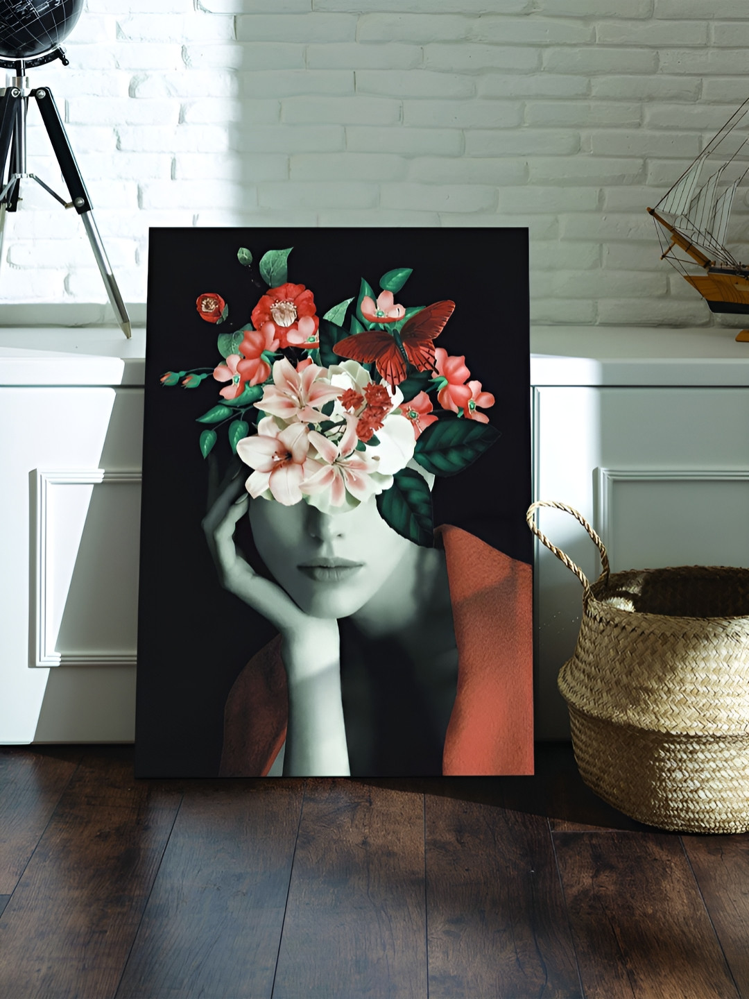 Myntra Elegant Homes Black Stretched On Frame Canvas Flowers & Butterfly Painting Wall Art