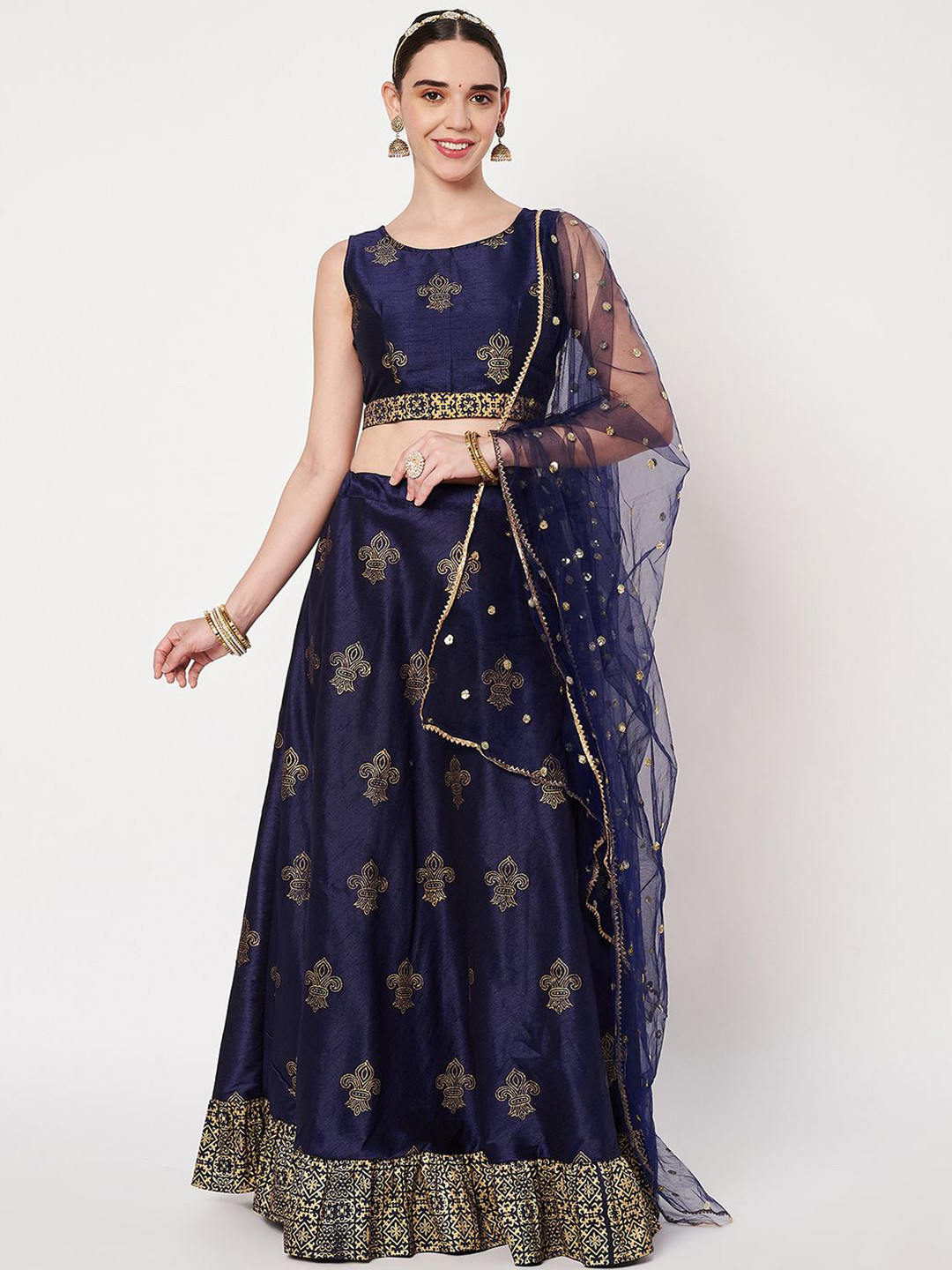 studio rasa Women Block Printed V-Neck Sleeveless Lehenga & Blouse With Choli