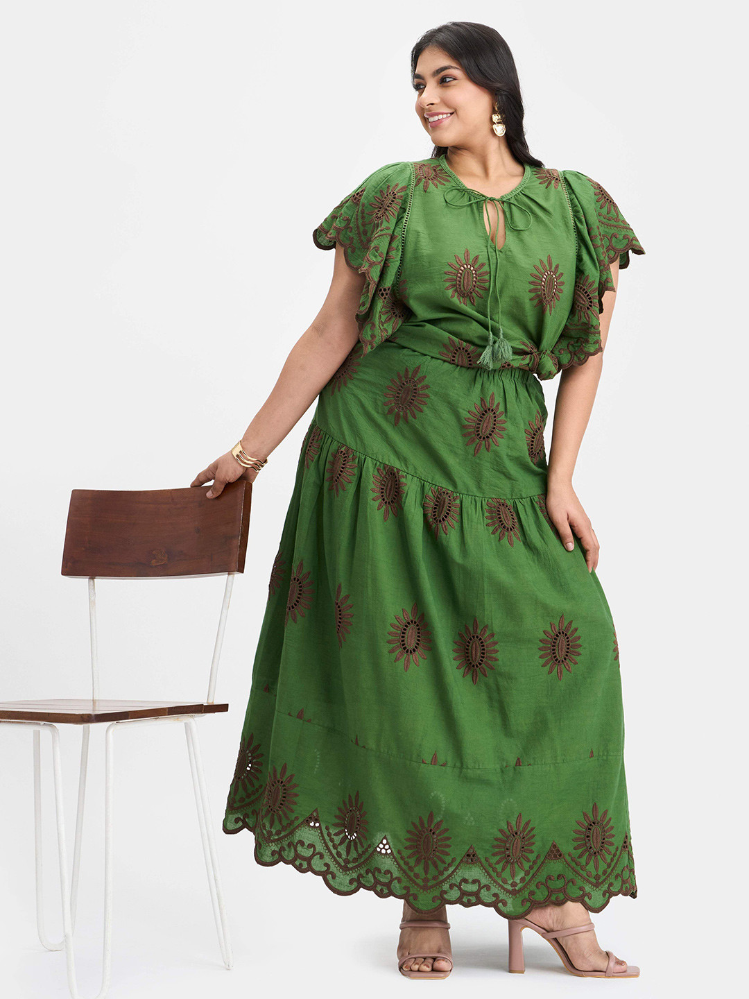 Virgio Plus Size Embroidered Pure Cotton Tiered Plus Size Maxi Skirt