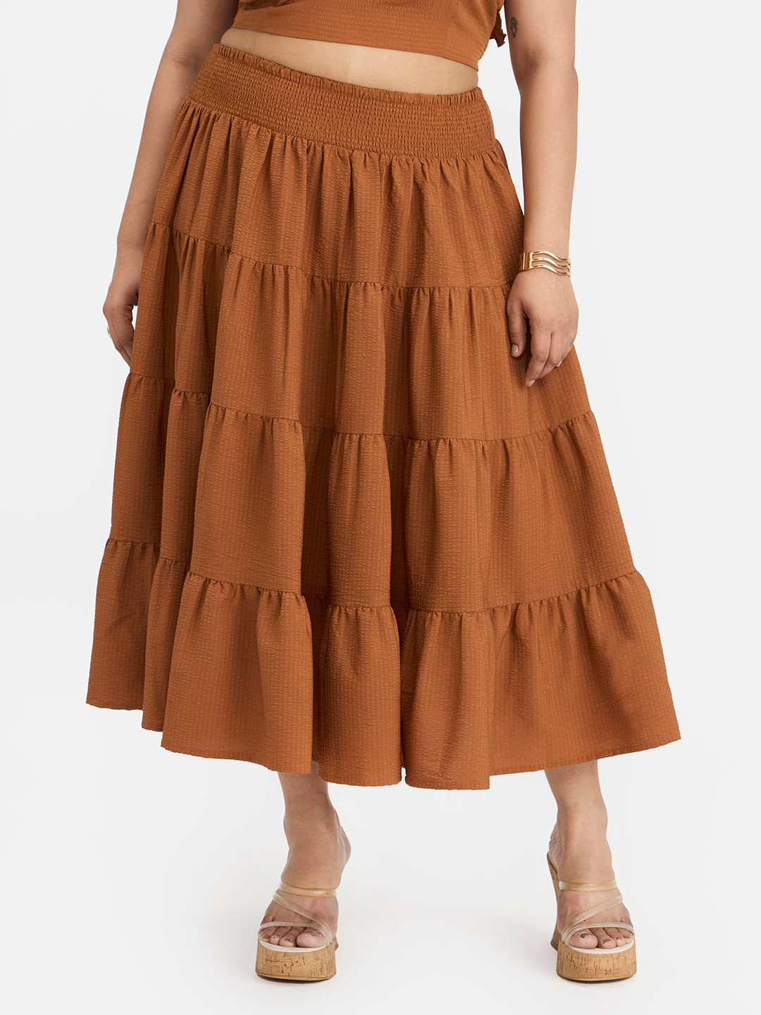 Virgio Plus Size Pure Cotton Tiered Plus Size Midi Skirt