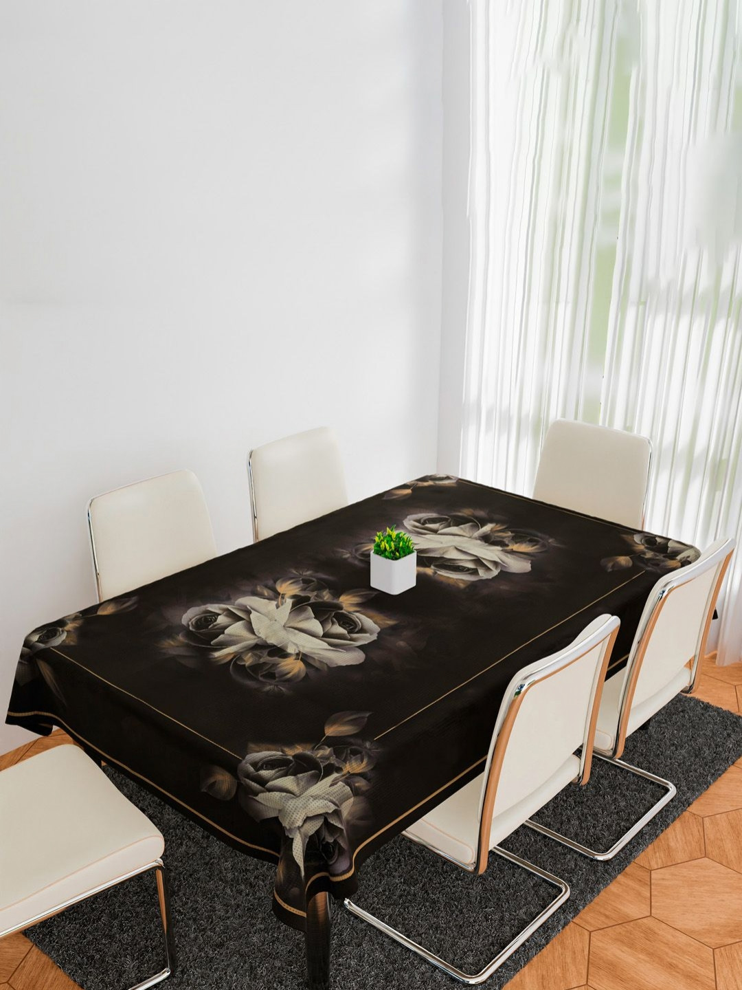 Aura Brown Floral Anti-Skid Cotton 6-Seater 60x90 Inch Rectangle Table Cover