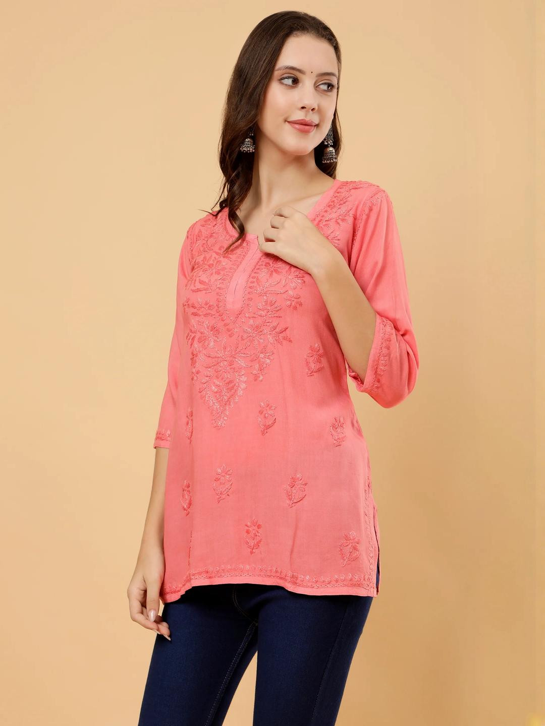 Dyed Short Rayon Lucknowi Chikankari Kurti for Women - Soft & Breathable