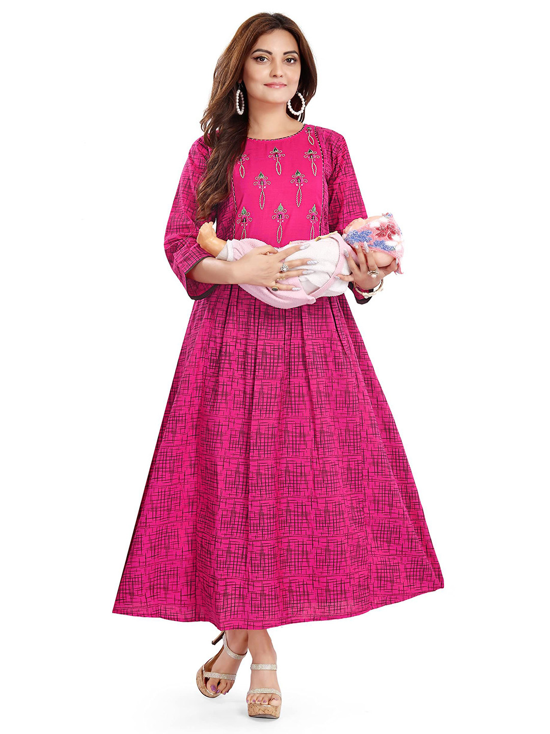 B2F Manufacturing & Designing Kurti Geometric Printed Round Neck A-Line Maternity Kurta