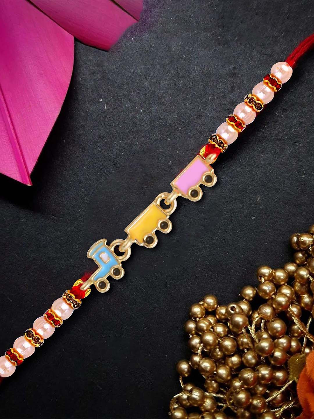 Vighnaharta Kids Gold Plated Artificial Stones Studded & Beaded Train Thread Rakhi