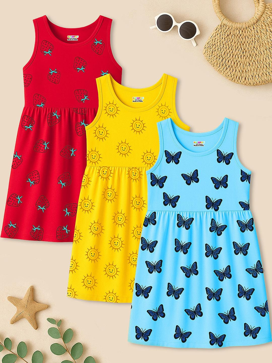 KUCHIPOO Girls Regular Fit Cotton Frocks  (DRS-118, Multi-Colored) - Pack of 3