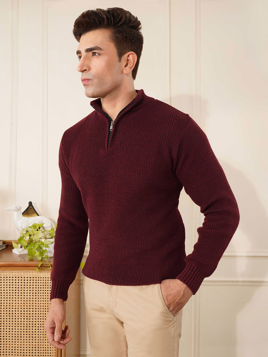 Kvetoo Men Woollen High Neck Zipper Sweater