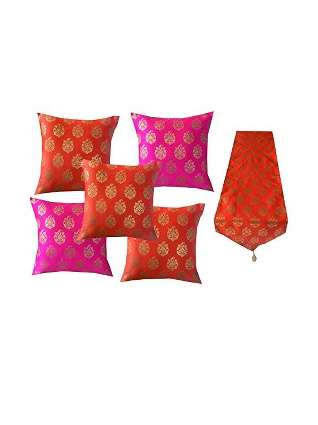 Pinkparrot 12x70 inch jacquard silk table runner and 5 pcs 16x16 inch cushion covers