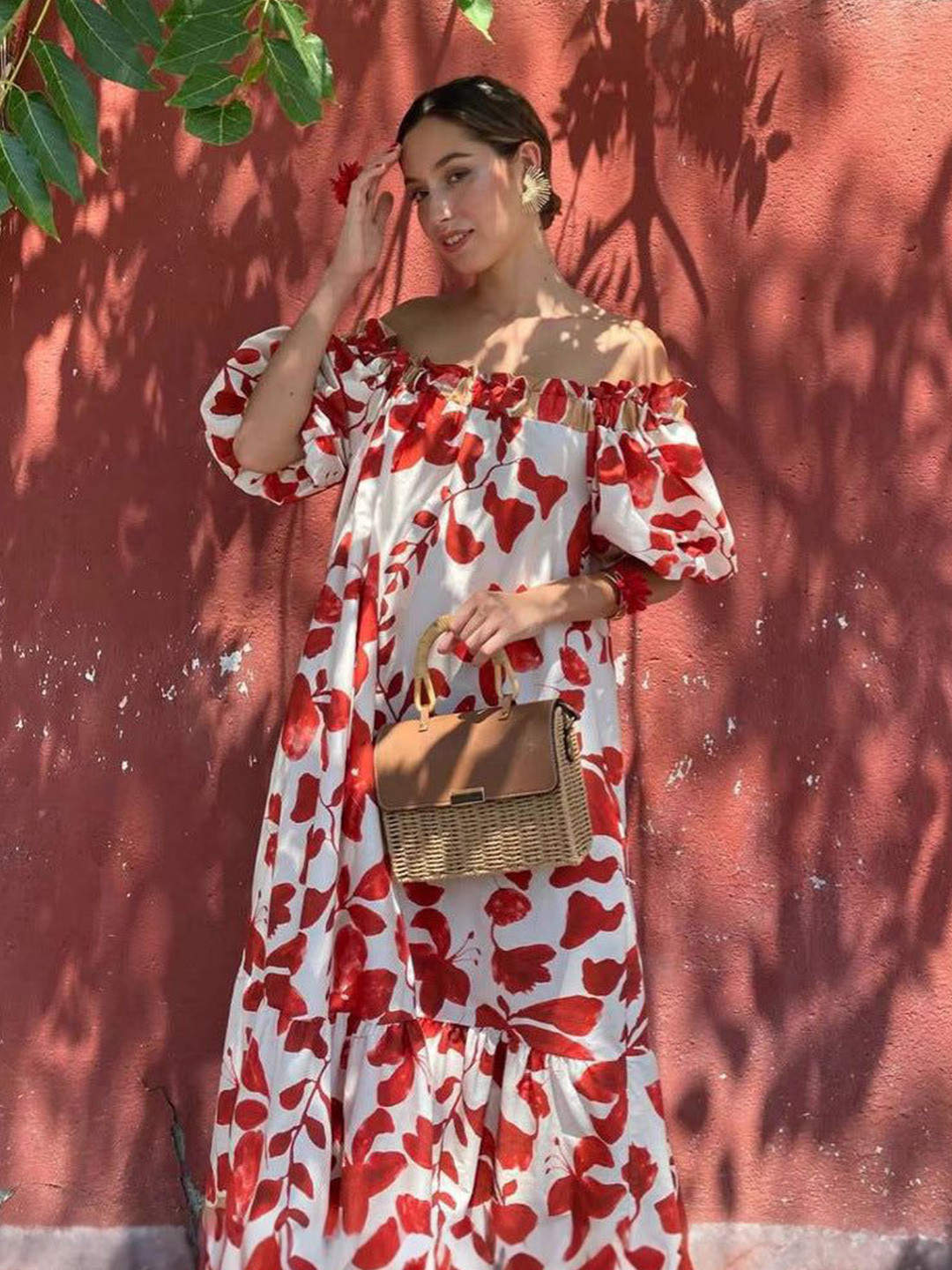 Outzidr Women Floral Printed One Shoulder Puff Sleeves Puff Sleeves Maxi Dress
