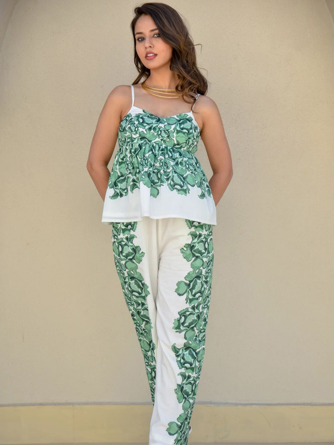 Branche Printed Shoulder Straps Pure Cotton Top With Trousers Co-Ords
