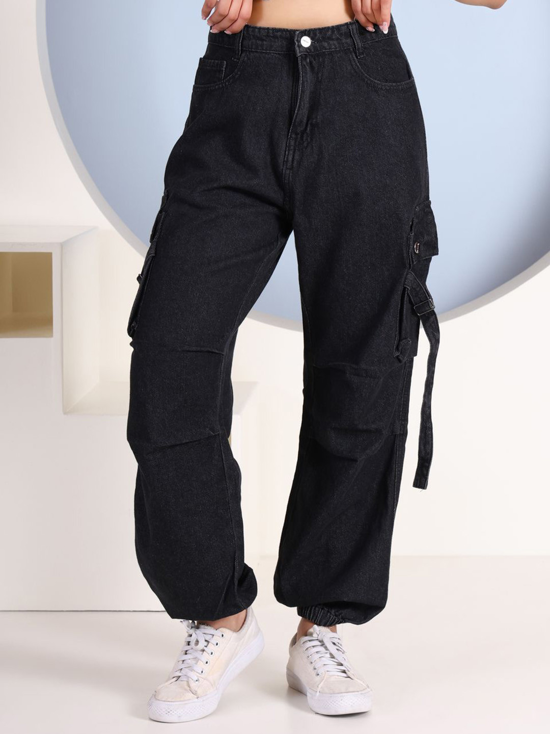 FOUL CHILD Women Baggy High-Rise Light Fade Cargo Jeans