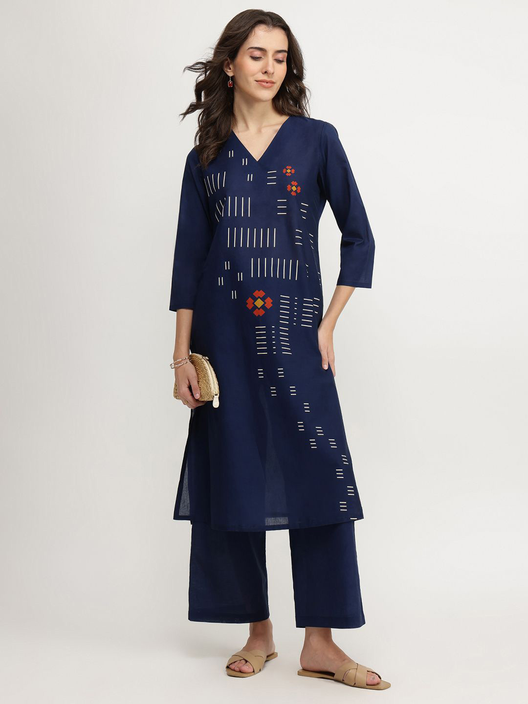 Pink Fort Women Cotton  Abstract Printed Kurta Set - Navy Blue
