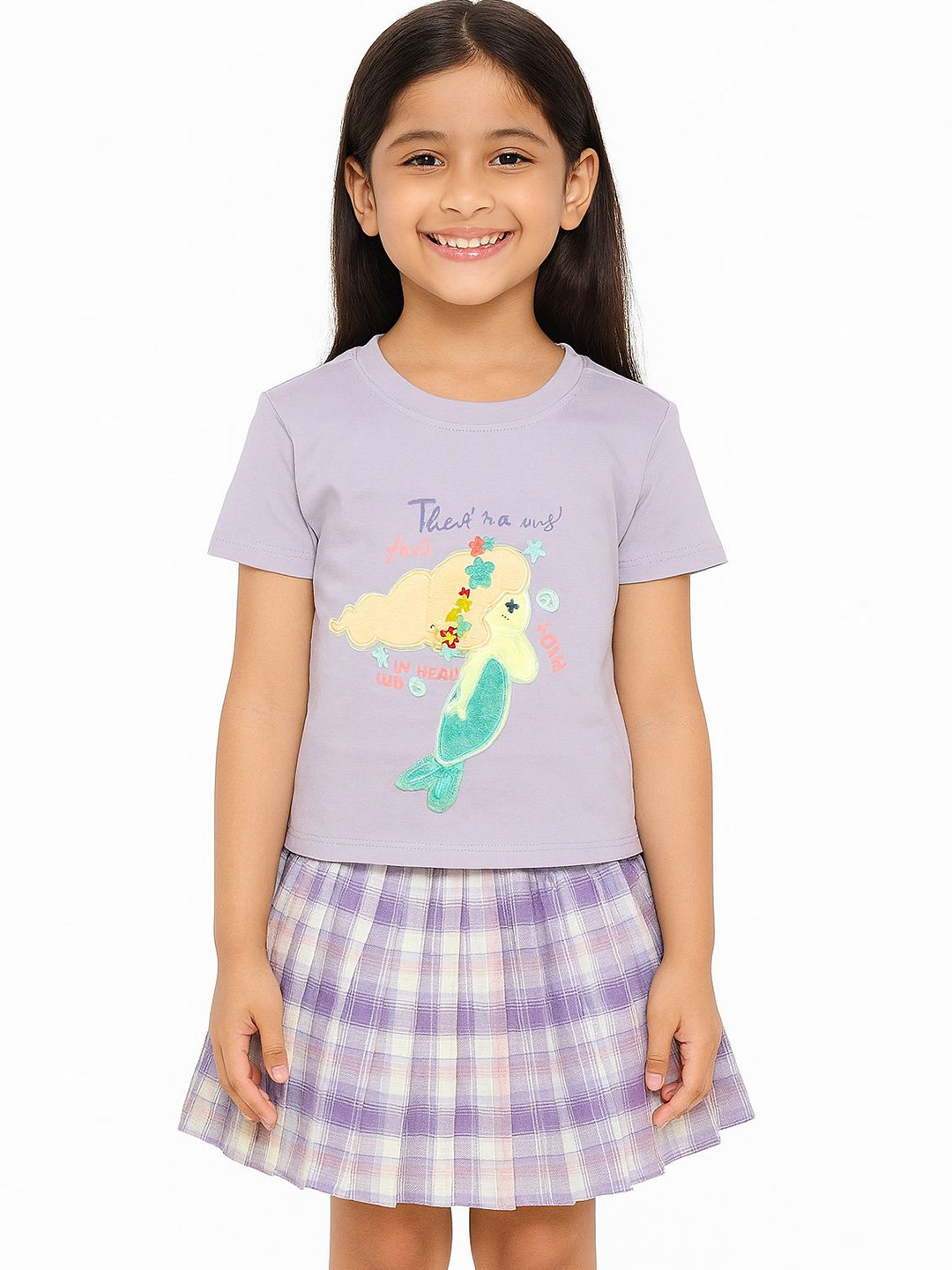 POP STREET KIDS Mermaid Plaid Magic Girls Embellished Round Neck T-shirt With Skirt