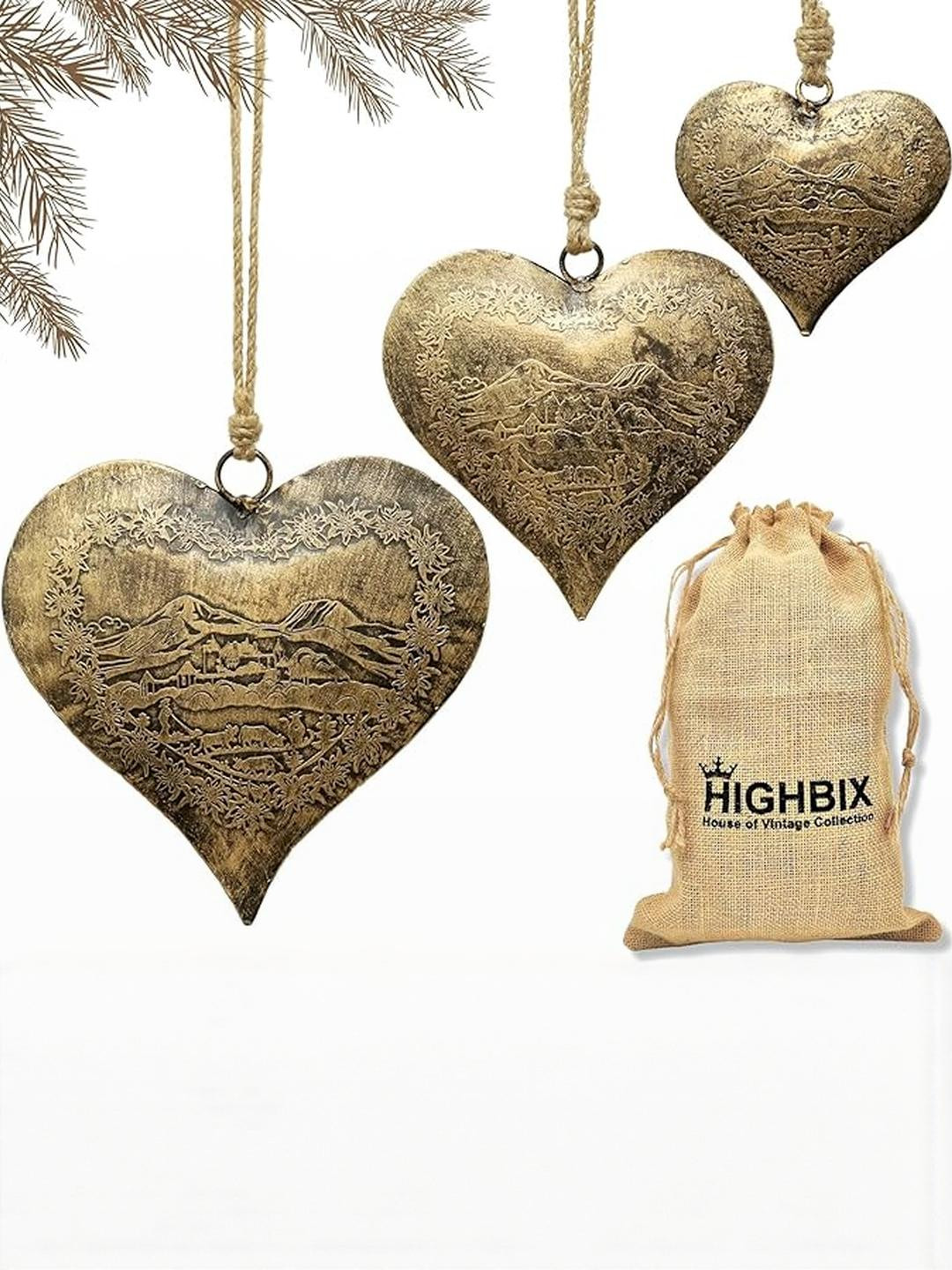 HIGHBIX Gold Set of 3 Rustic Hanging Heart Decor