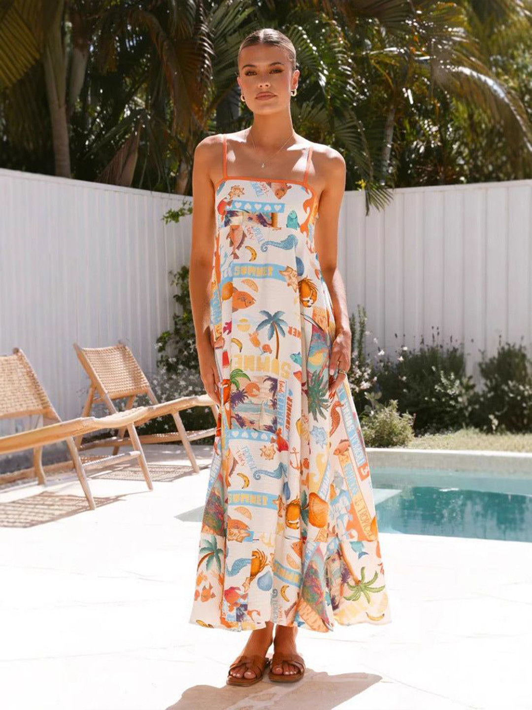 Multicoloured Graphic Print Spaghetti Strap Maxi Dress