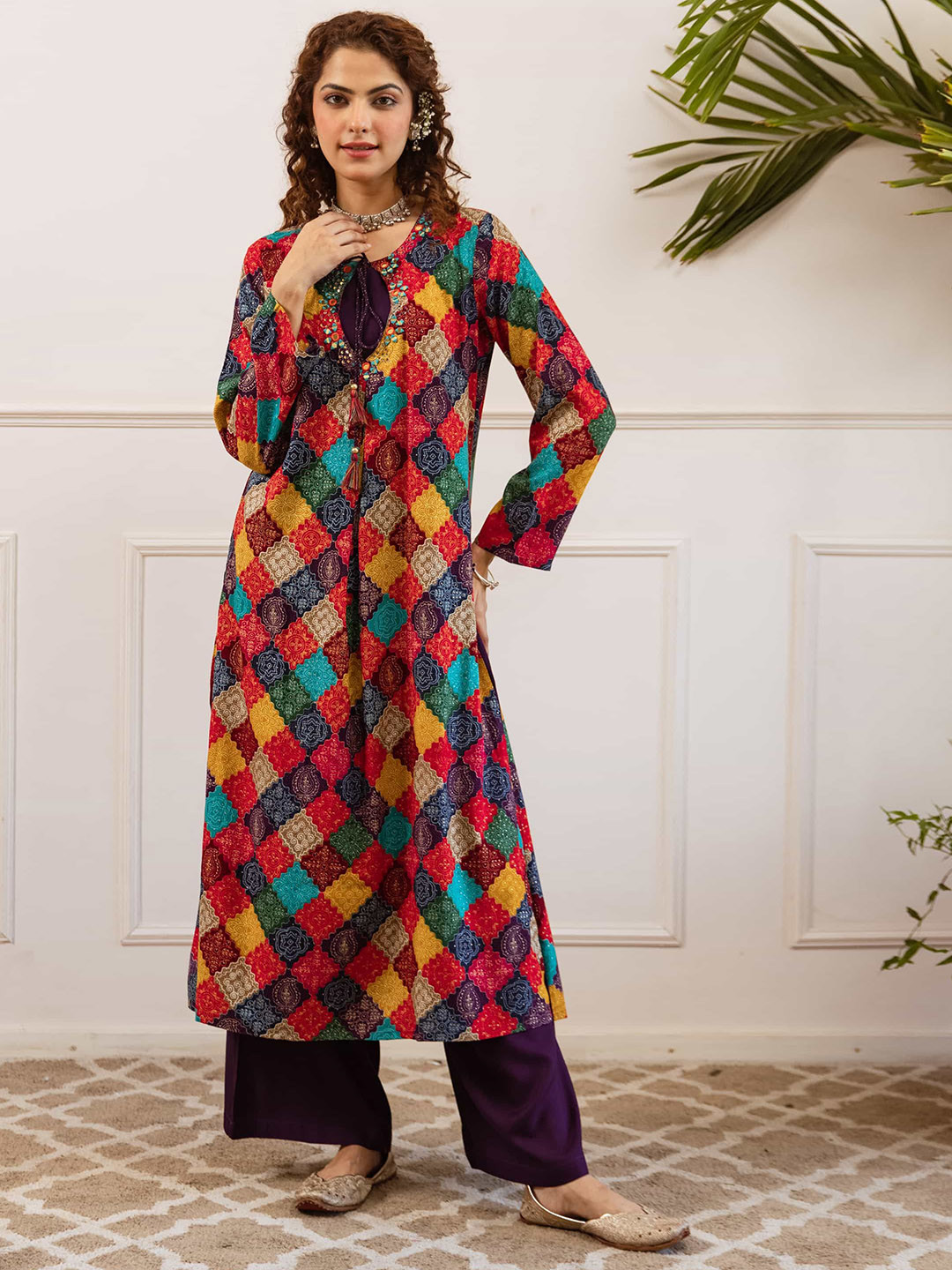 KALINI Geometric Printed Tie-Up Neck A-Line Straight Kurta With Palazzos