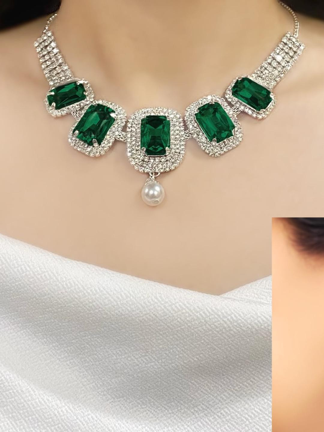 Varnii Silver-Plated Green Stone Statement Choker Necklace Set