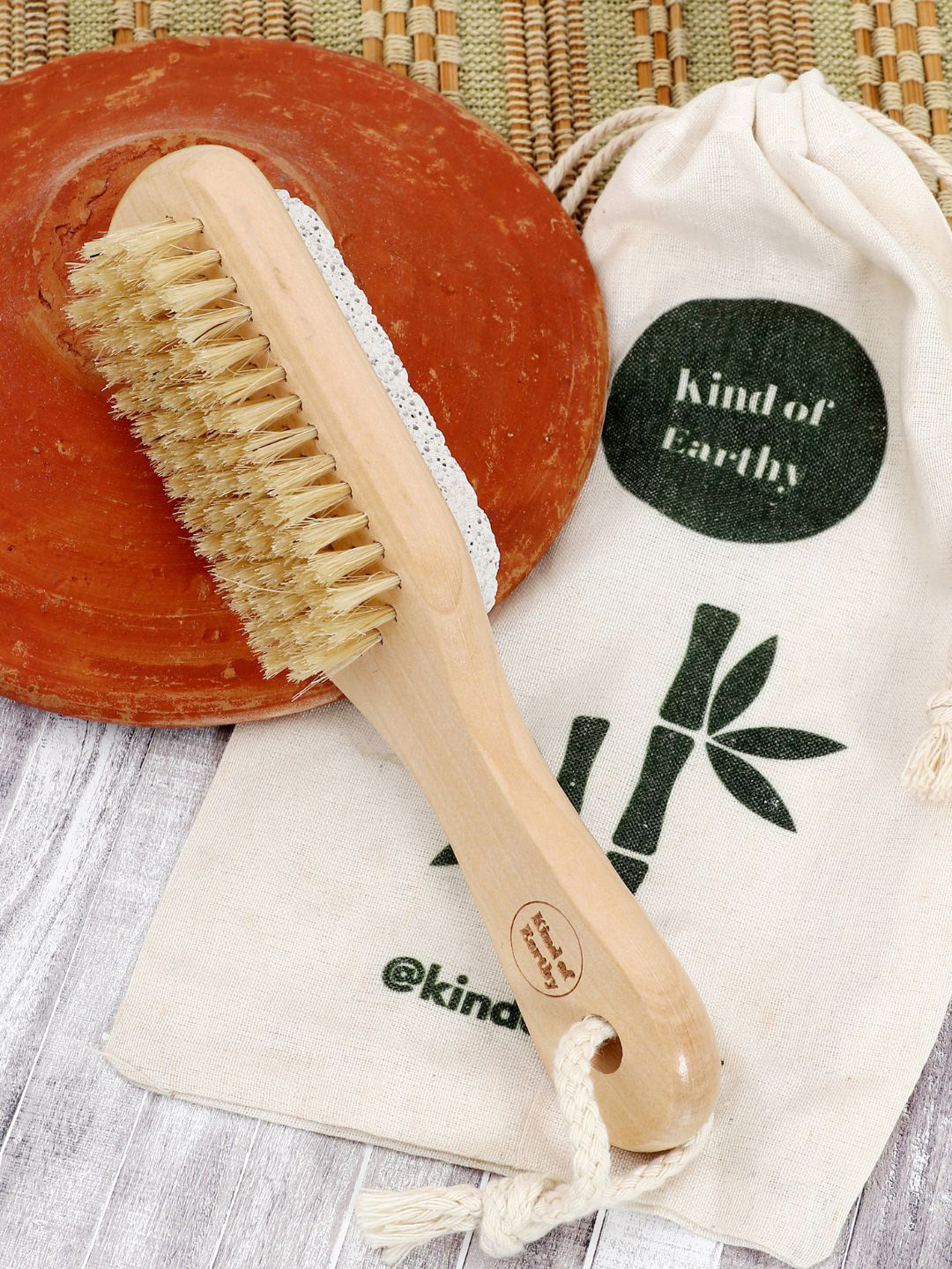 Kind of Earthy Set Of 2 Wooden Handle Foot Brush & Pumice Stone