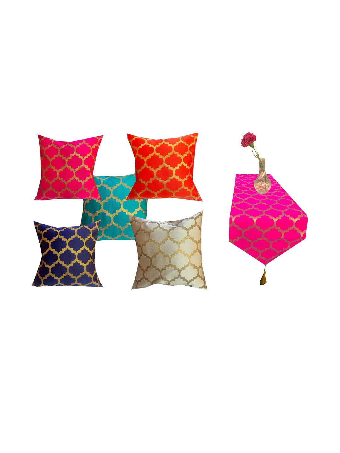 Pink Parrot Mutli Coloured Ethnic Motifs 1 Piece Runner With 5 Pieces Cushion Covers
