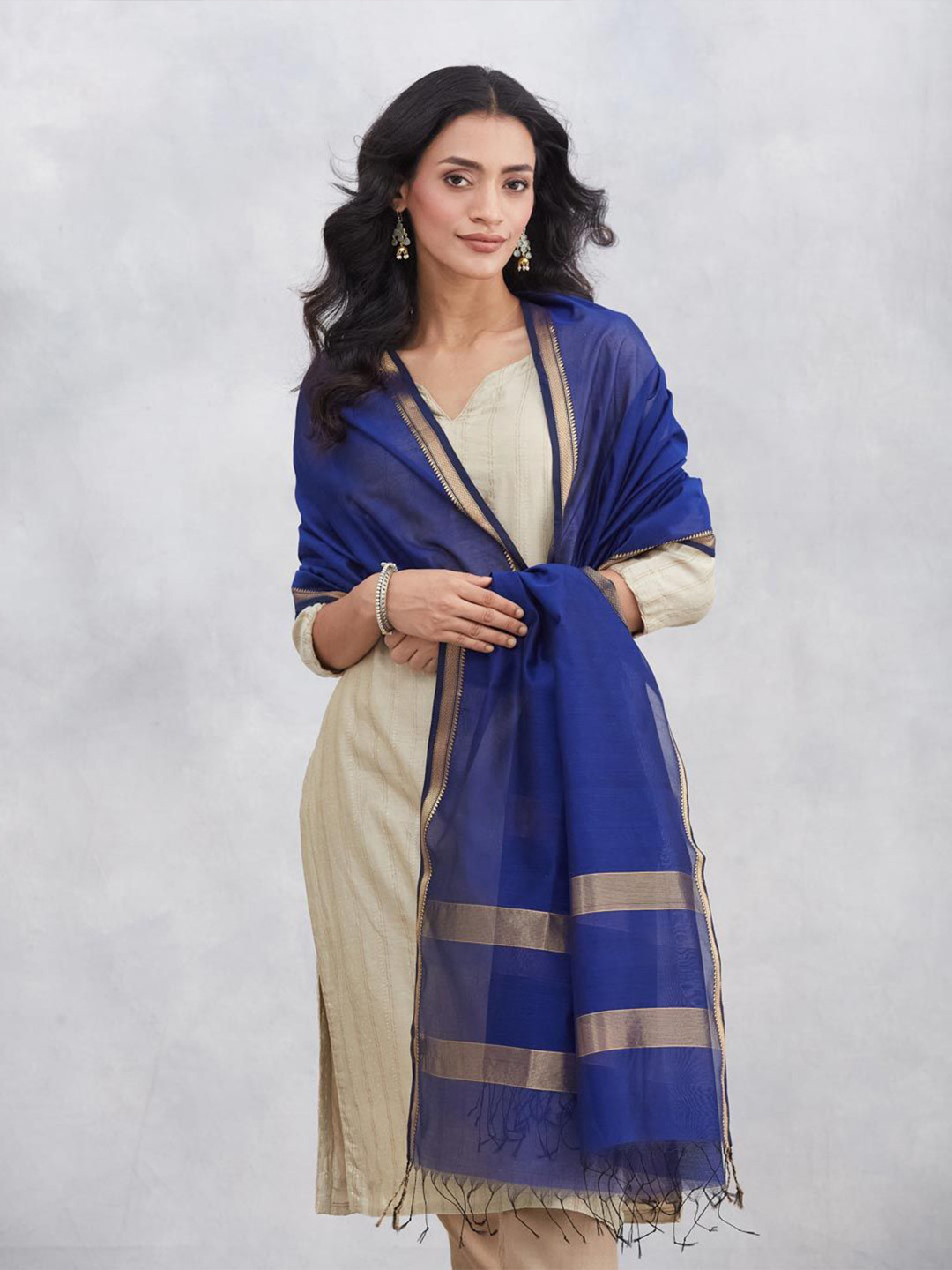 Fabindia Striped Woven Design Zari Cotton Silk Dupatta