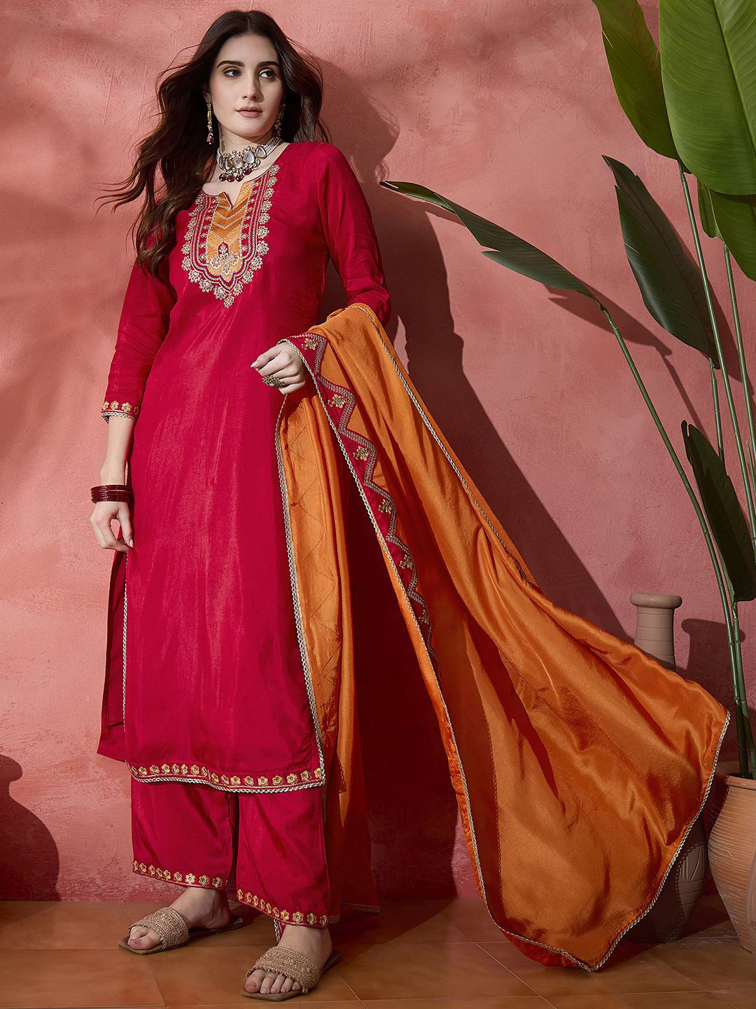Sangria Women Ethnic Motif Embroidered Sequinned Kurta & Trousers With Dupatta