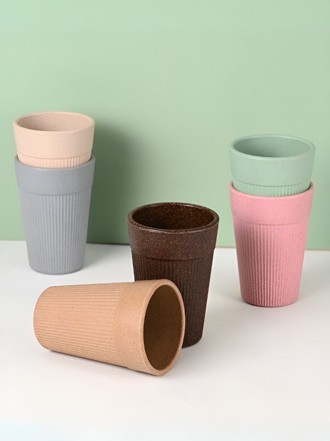eha Brown And Pink 6 Pieces Striped Matte Cups - 350 ml Each