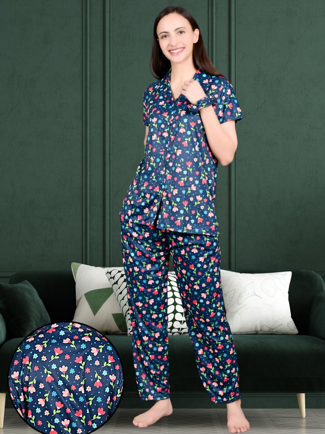 Clothus Women Blue & Pink Floral Printed Cotton Shirt & Pant Night Suit