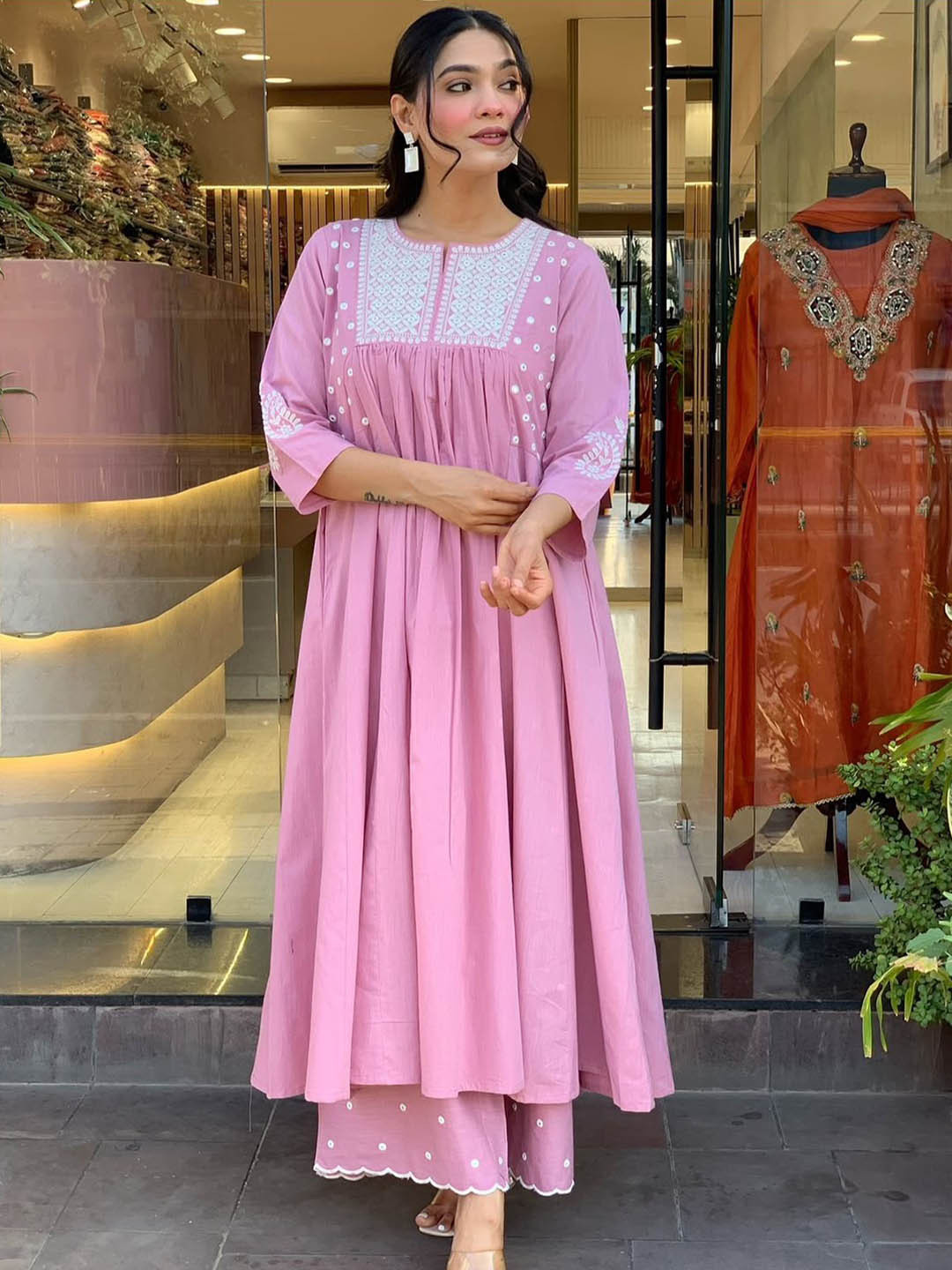 MILAAV Geometric Printed Round Neck Flared Anarkali Kurta With Palazzos