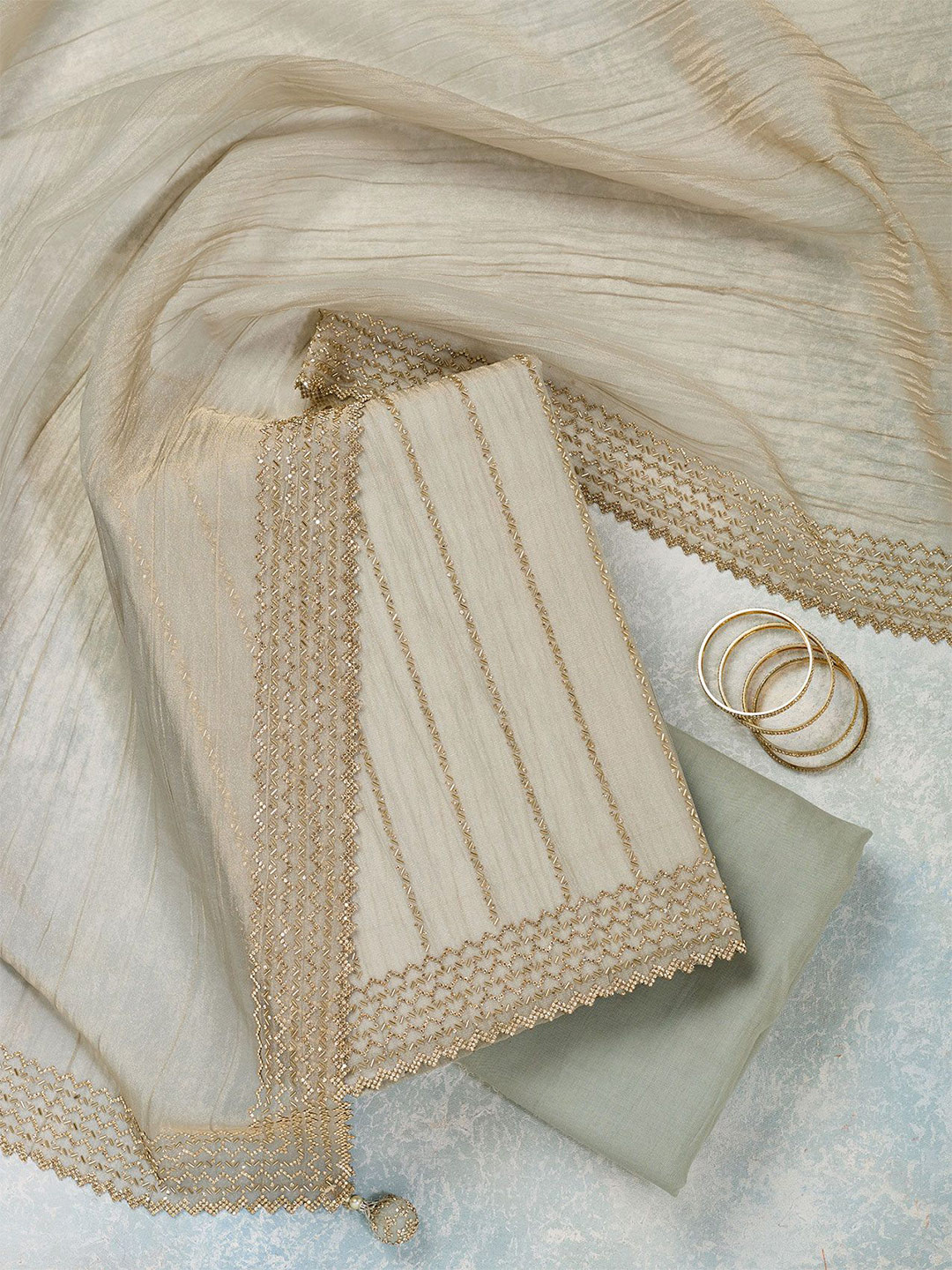 Koskii Stonework Striped Embroidered Tissue Unstitched Dress Material