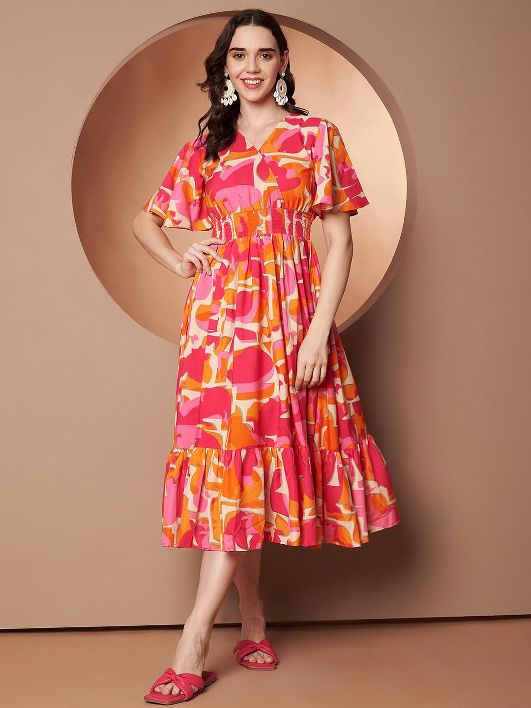 LookShine Printed Flared Sleeve A-Line Midi Dress